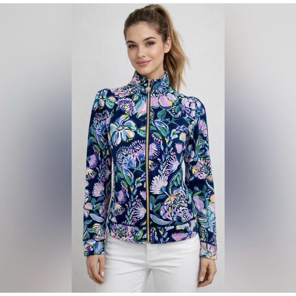 Lilly Pulitzer Luxletic Jordanna Full Zip Sweater Sz M Colorful Tropical Cotton